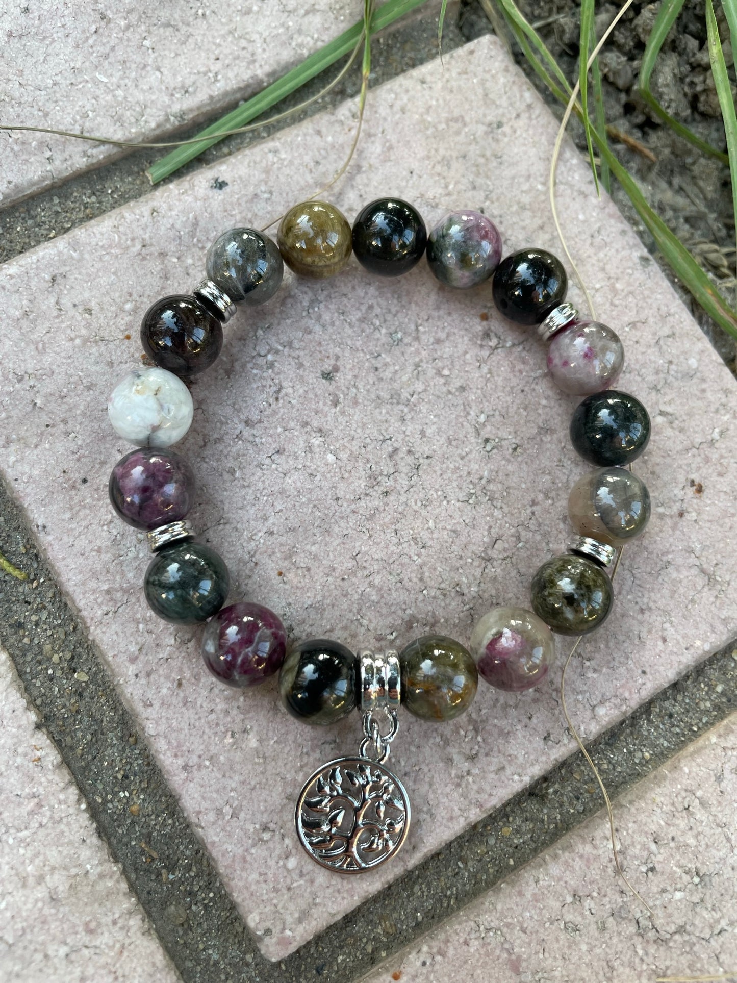 Stone Tree of Life Charm Bracelet, Mixed Color Tourmaline