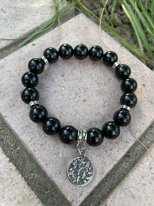 Stone Tree of Life Charm Bracelet, Black Obsidian