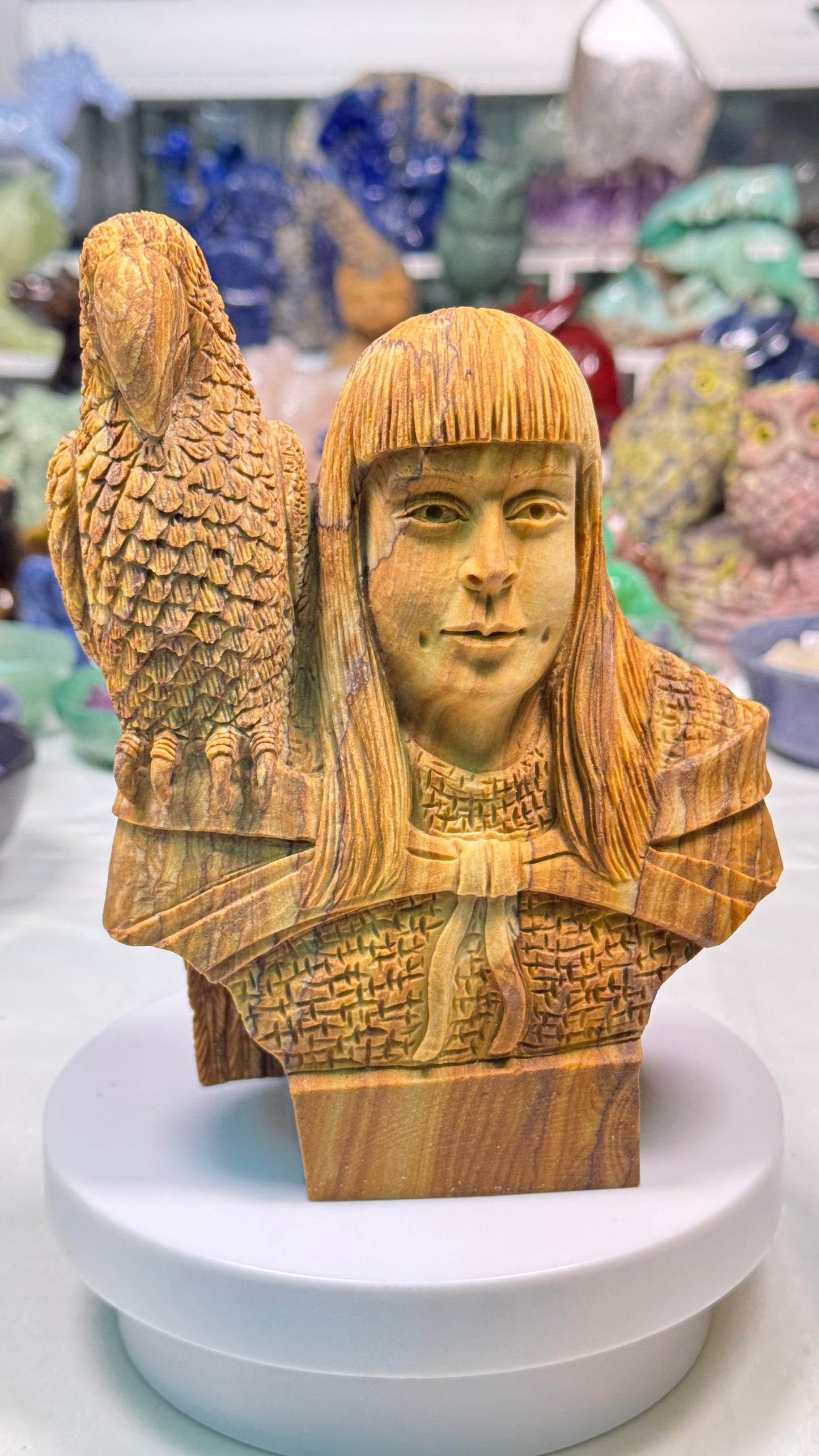 Picture Jasper Medieval Falconer and Parrot Sculpture, Hand Carved Carving
