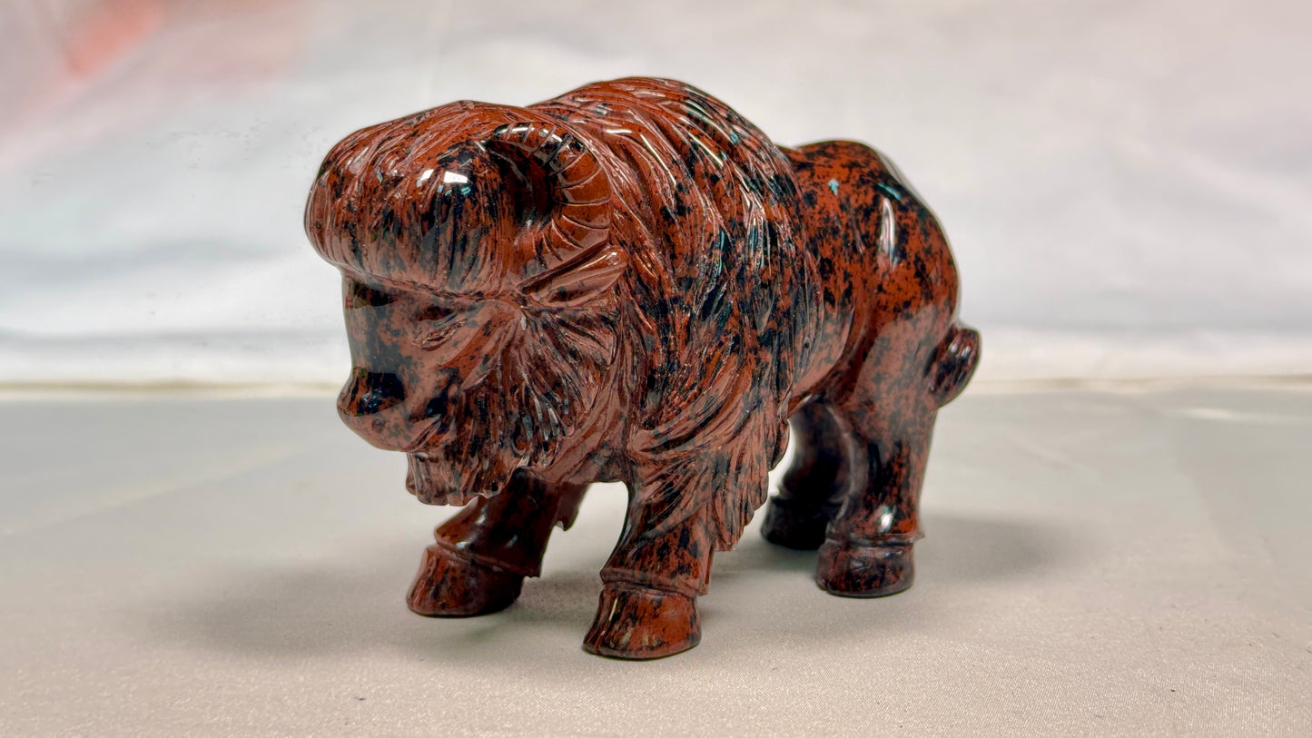 Mahogany Obsidian Bufflo Sculpture, Hand Carved Carving