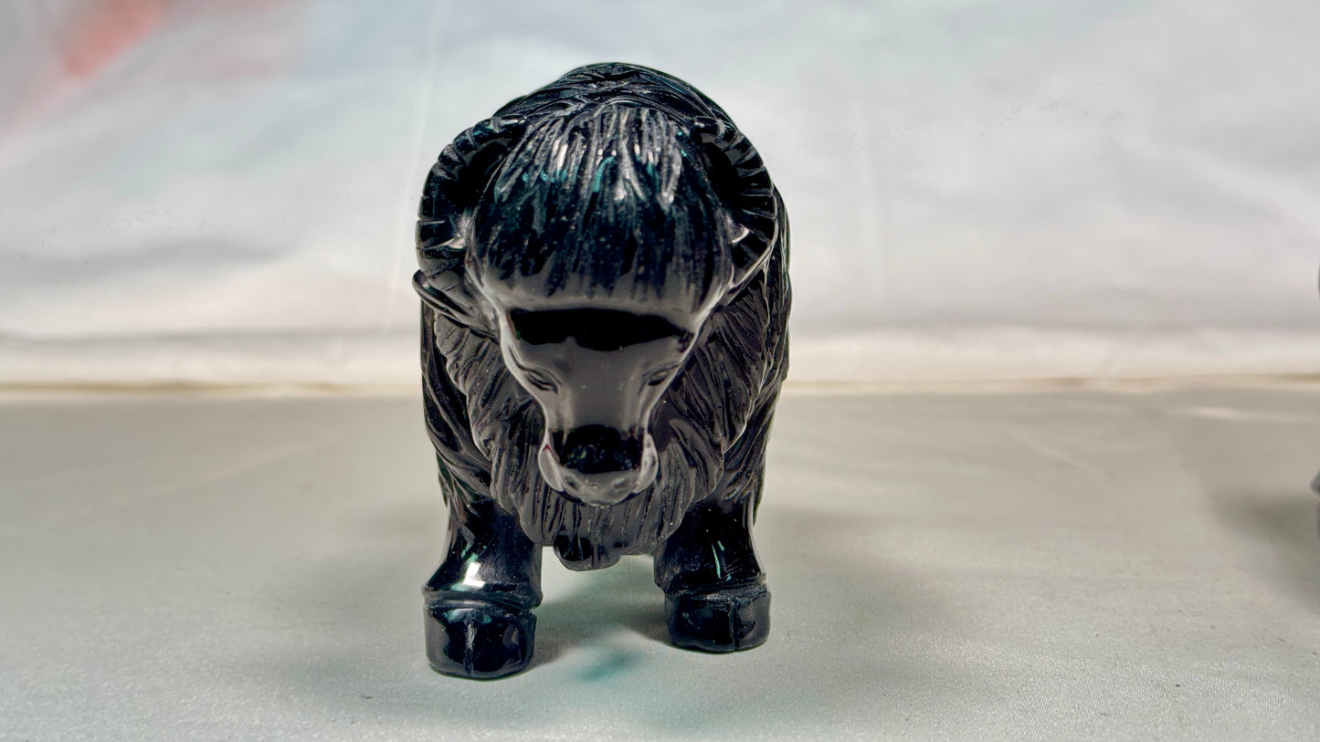 Black Obsidian Bufflo Sculpture, Hand Carved Carving