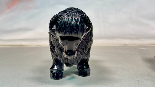 Black Obsidian Bufflo Sculpture, Hand Carved Carving