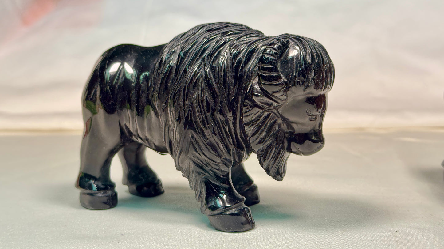 Black Obsidian Bufflo Sculpture, Hand Carved Carving