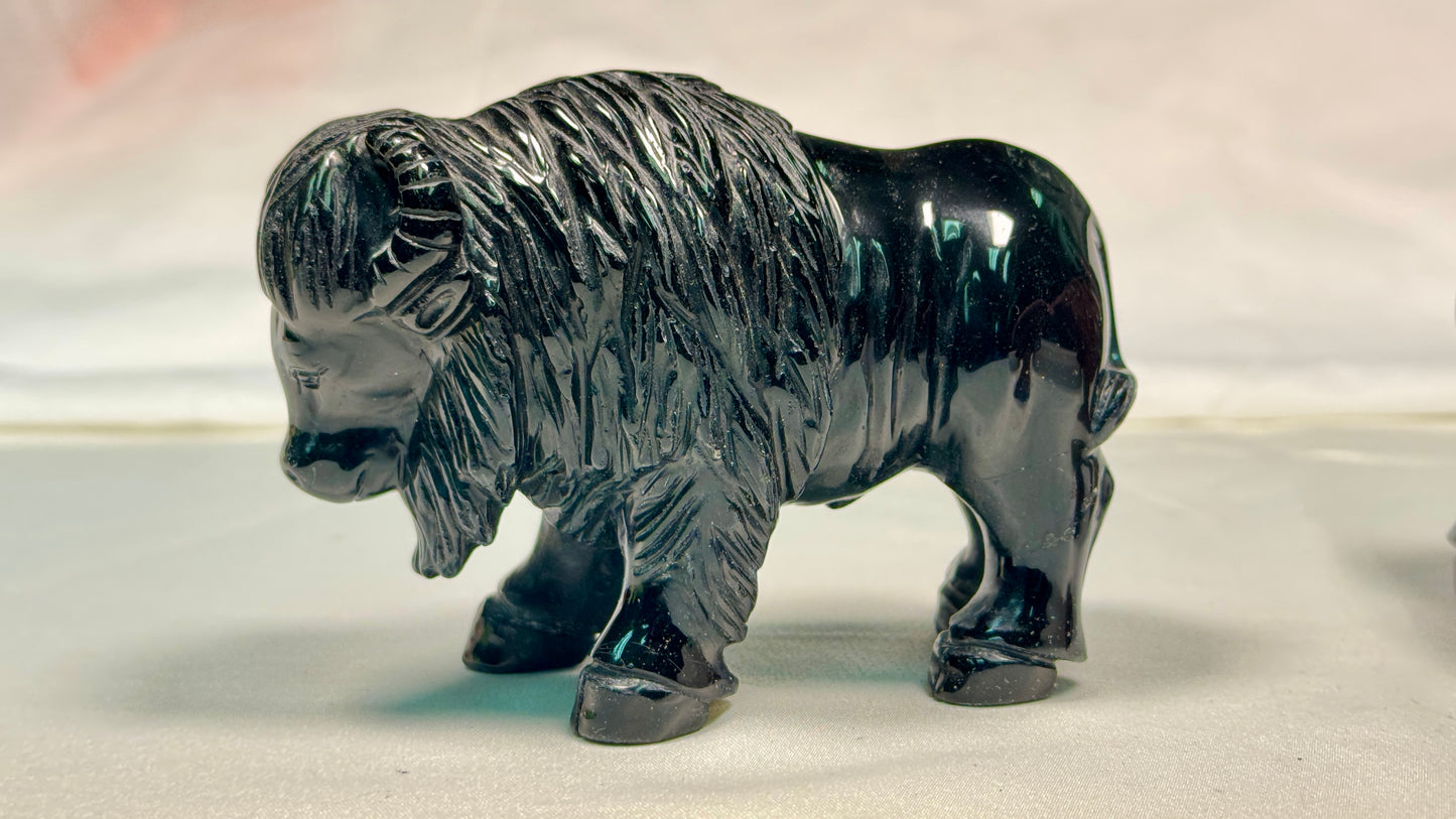 Black Obsidian Bufflo Sculpture, Hand Carved Carving