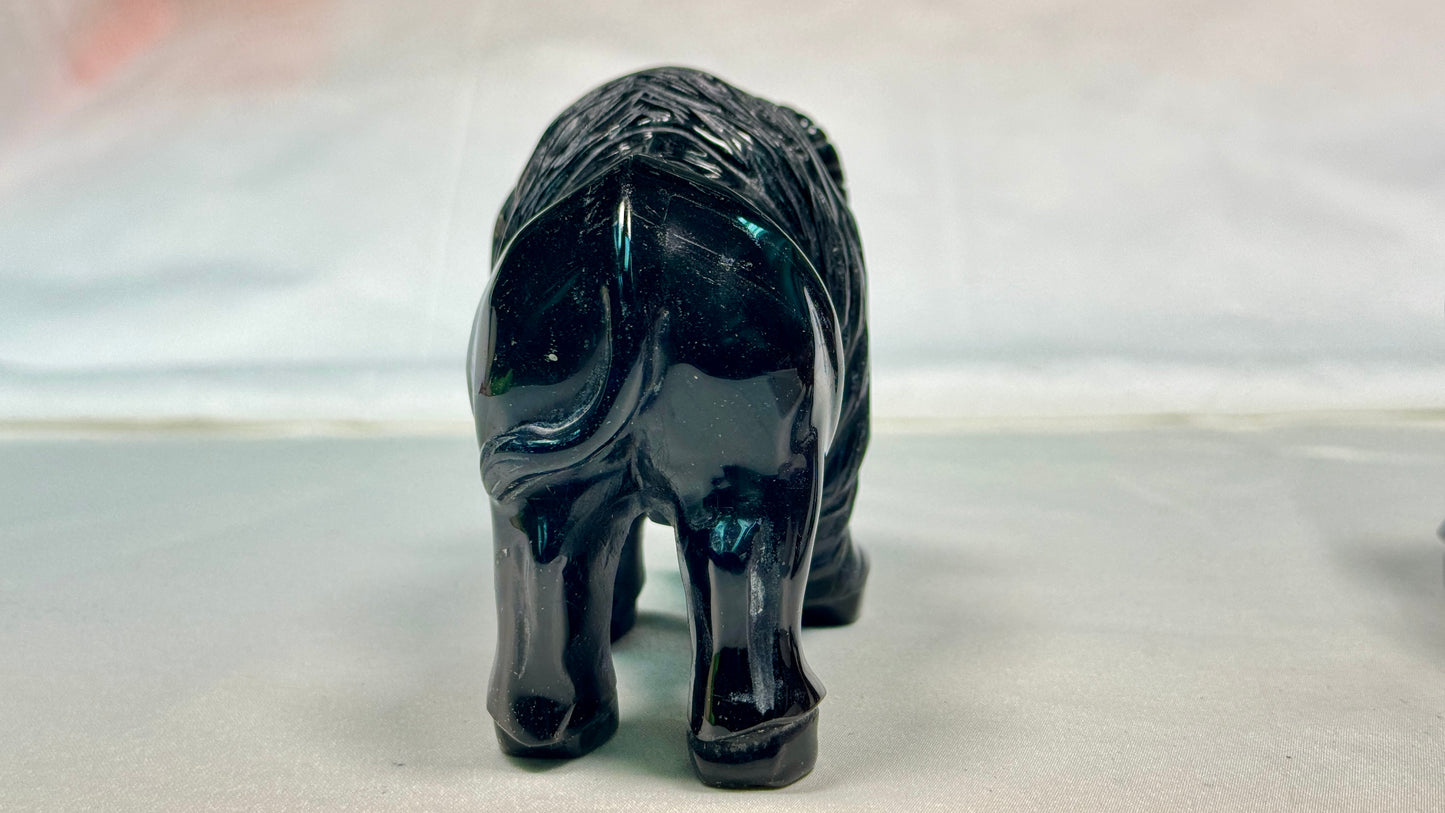 Black Obsidian Bufflo Sculpture, Hand Carved Carving
