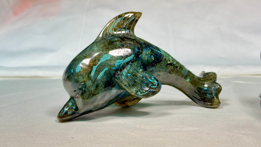 Gemstone Labradorite Dolphin  Sculpture, Hand Carved Carving