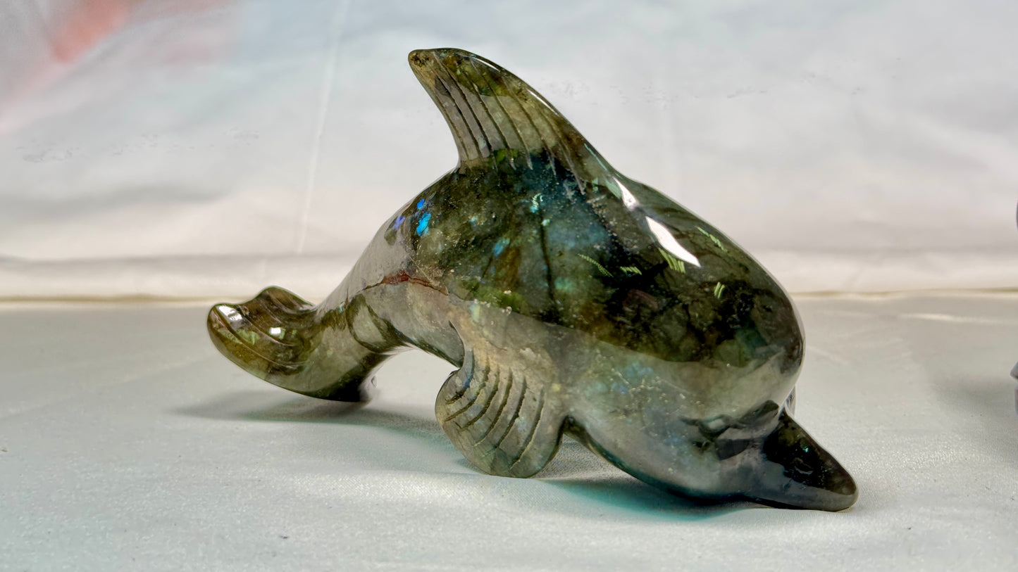 Gemstone Labradorite Dolphin  Sculpture, Hand Carved Carving