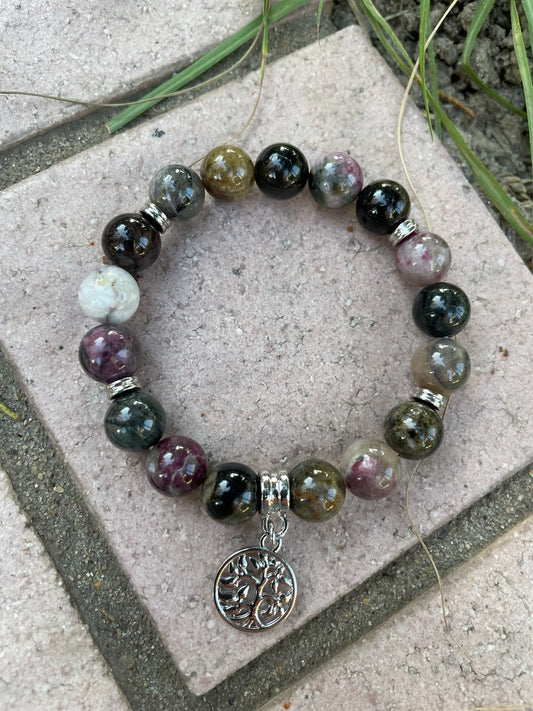 Stone Tree of Life Charm Bracelet, Mixed Color Tourmaline